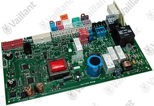 Leiterplatte von Vaillant, bestückt mit verschiedenen elektronischen Bauteilen, Steckverbindungen und Relais. Einsatz in Heizungs- oder Klimaanlagen.